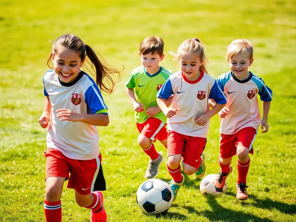 A group of children participating in a soccer game, wearing U.S.E.P. jerseys, showcasing teamwork and sportsmanship in a sunny outdoor setting.