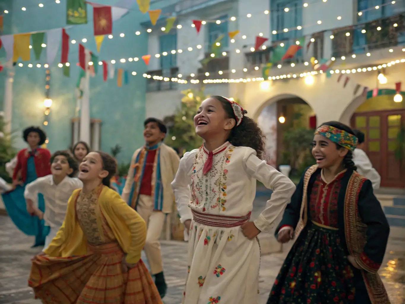 Children participating in a cultural exchange event, showcasing traditional dances and costumes, highlighting cultural diversity and understanding.