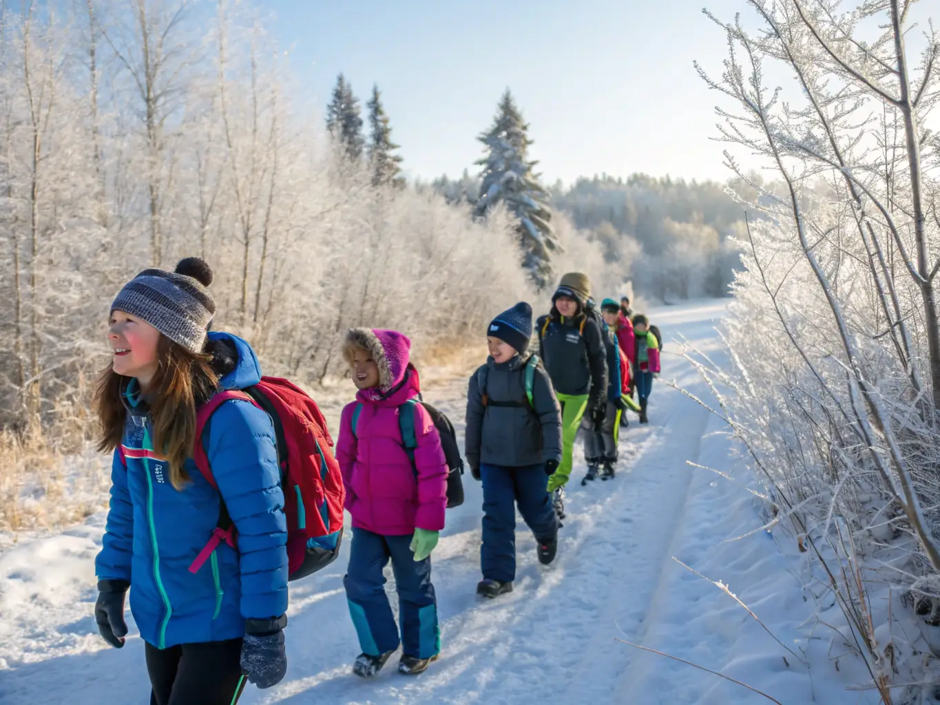 A group of children hiking in a forest, led by an instructor, emphasizing outdoor education and environmental awareness.