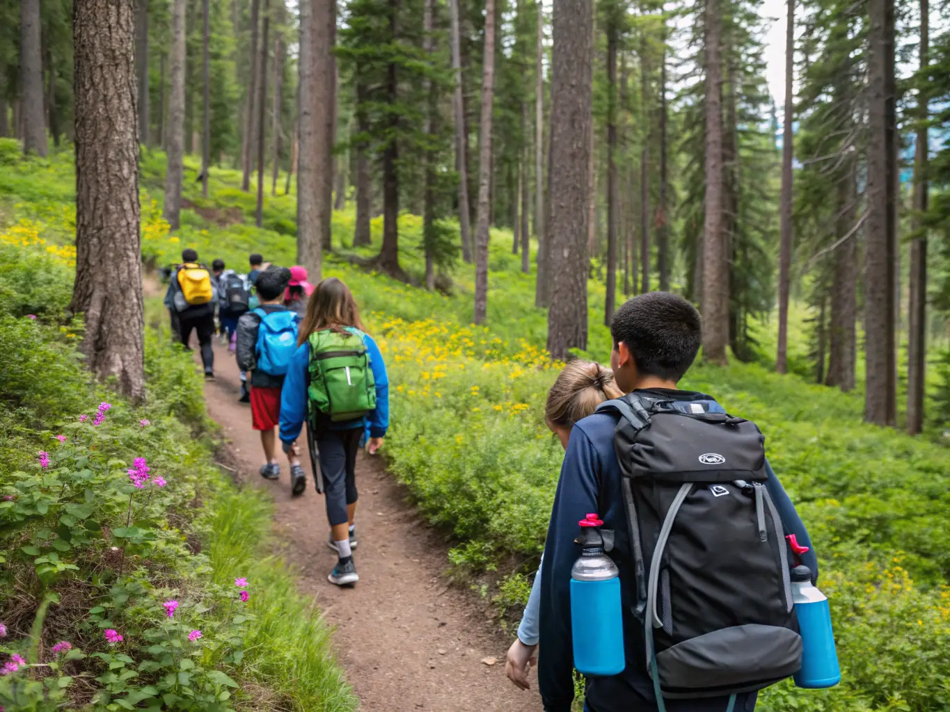 A group of children hiking in a forest, led by an adult, emphasizing outdoor exploration and environmental awareness.