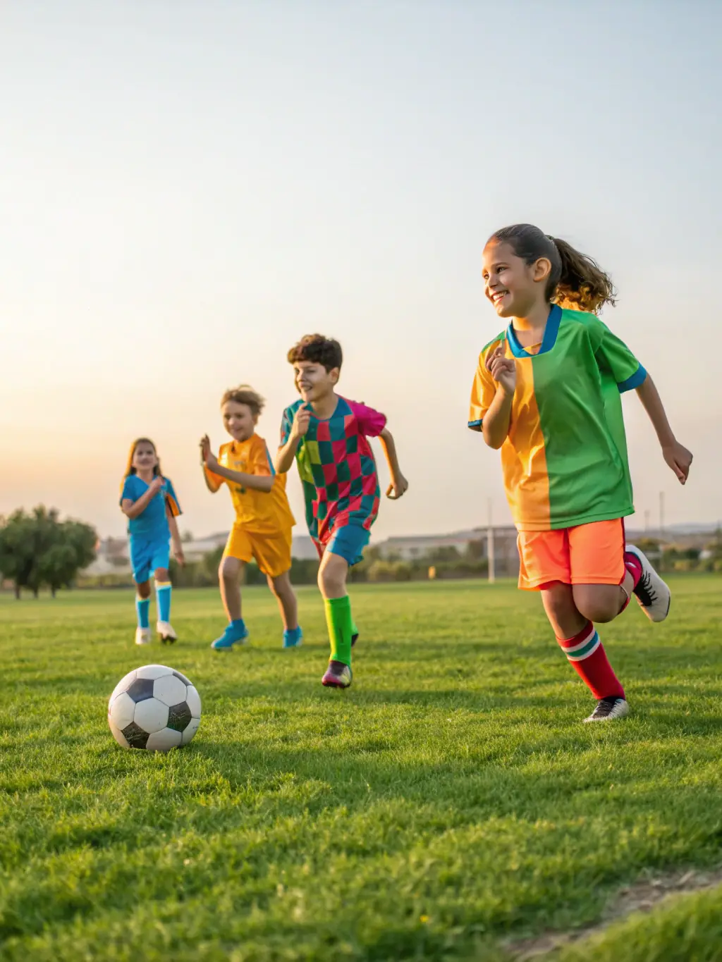 Children participating in a soccer match during a community sports day, showcasing teamwork and enthusiasm.