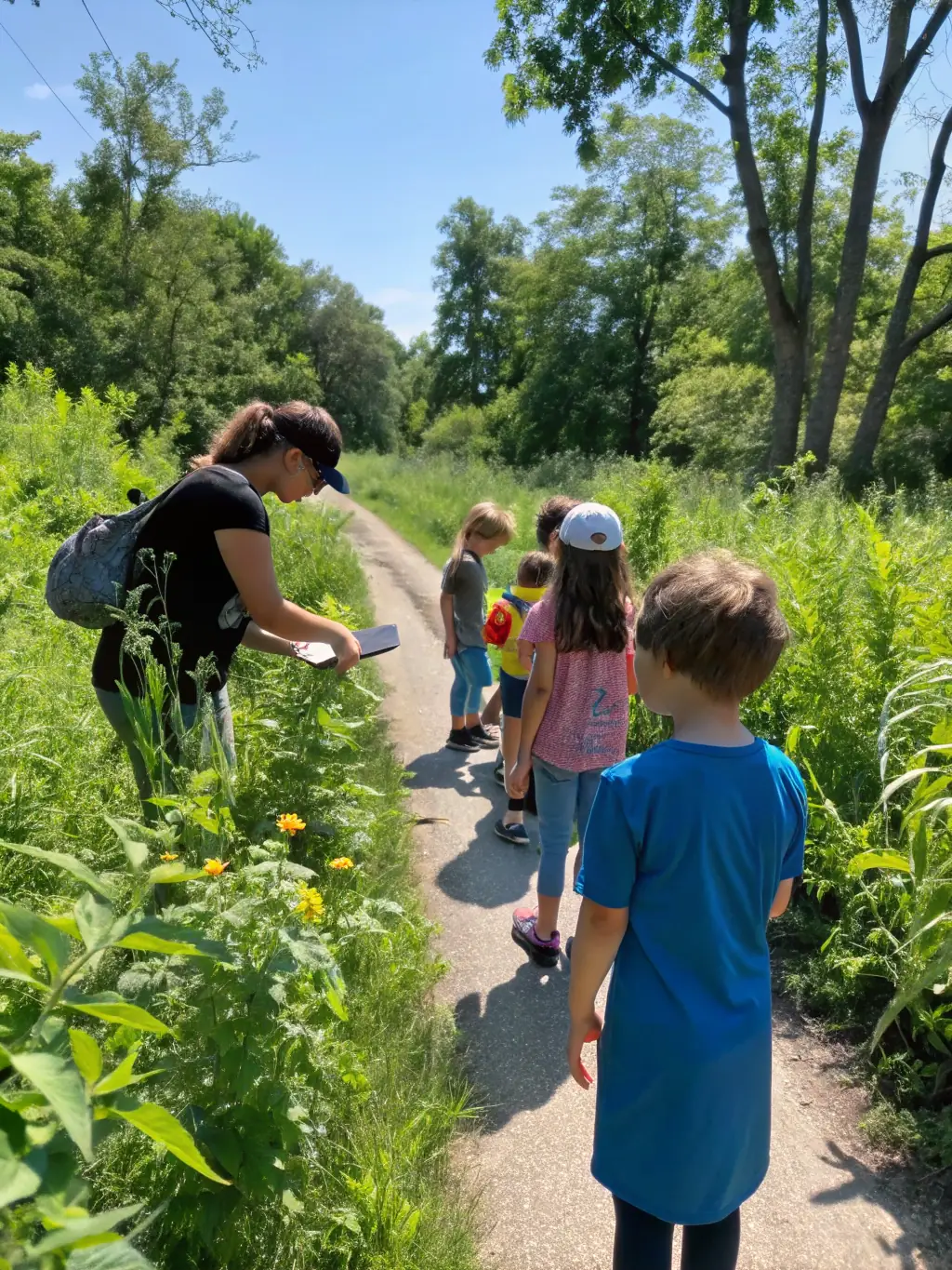 A group of children hiking in a forest, learning about nature and environmental conservation.