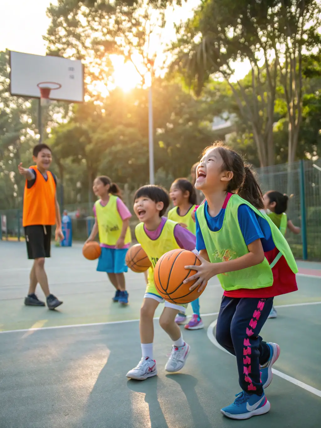 A group of children playing basketball outdoors, focusing on teamwork and sportsmanship, with a coach guiding them.