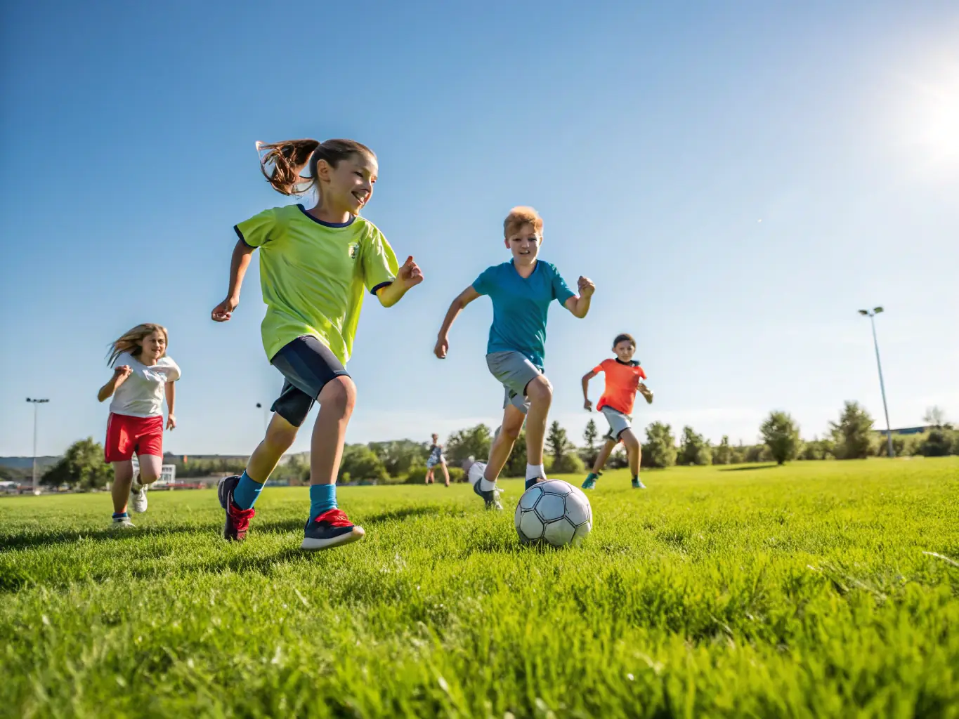 A group of primary school children participating in a soccer match, wearing U.S.E.P branded jerseys, showcasing teamwork and sportsmanship.