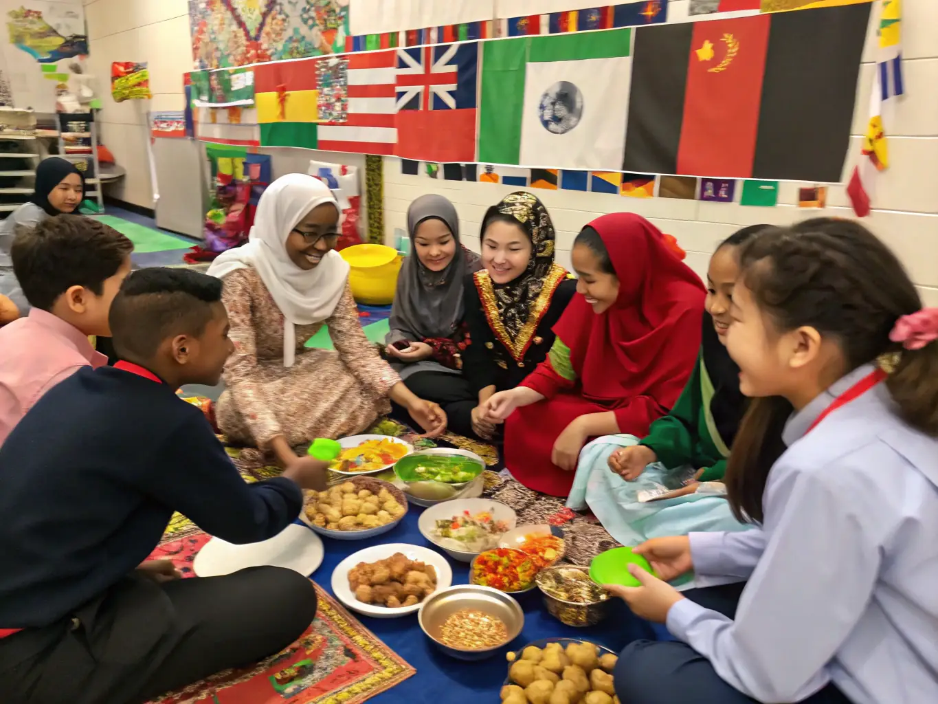 Children participating in a cultural exchange event, showcasing traditional music, dance, and crafts from different regions.